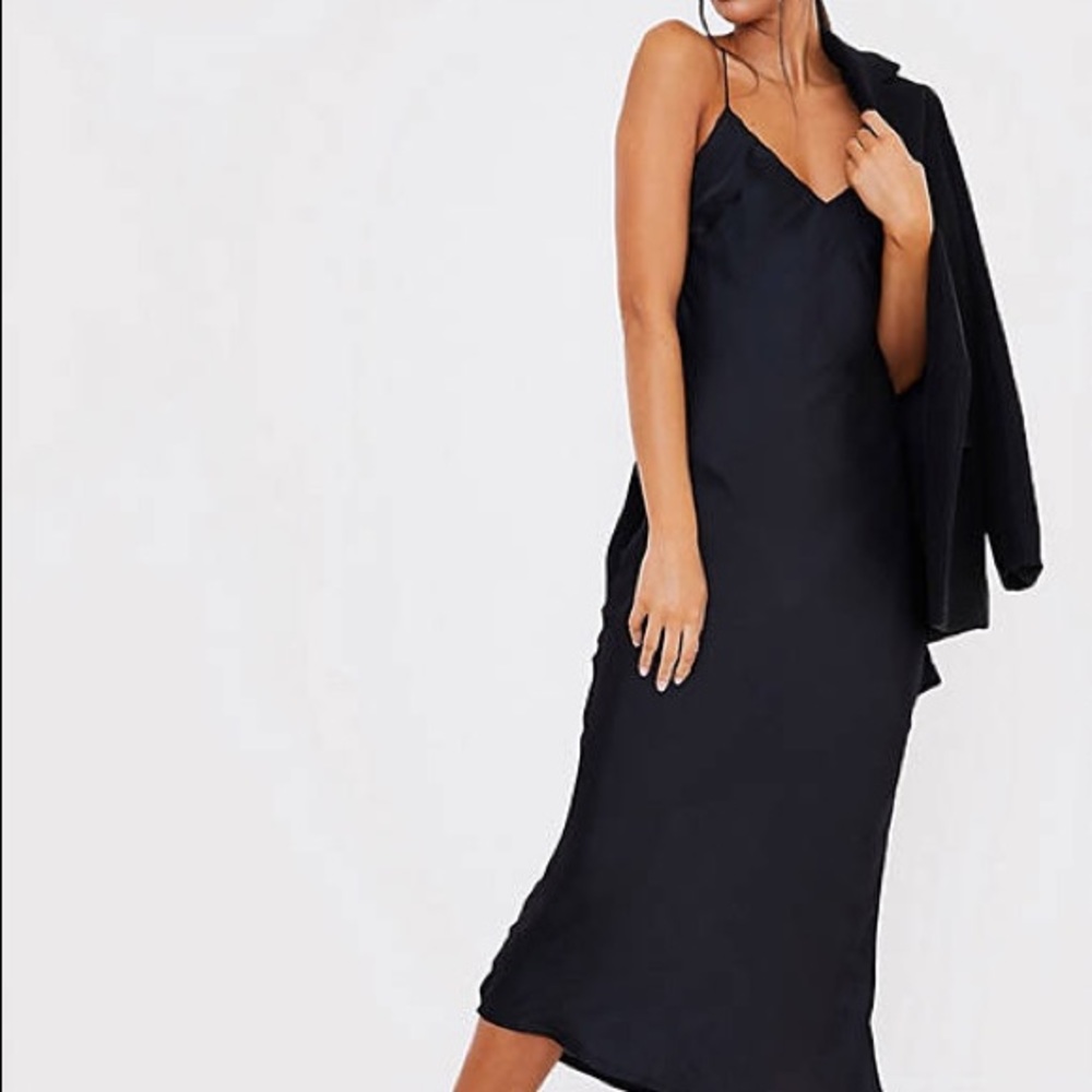 Black satin cami strap midi dress